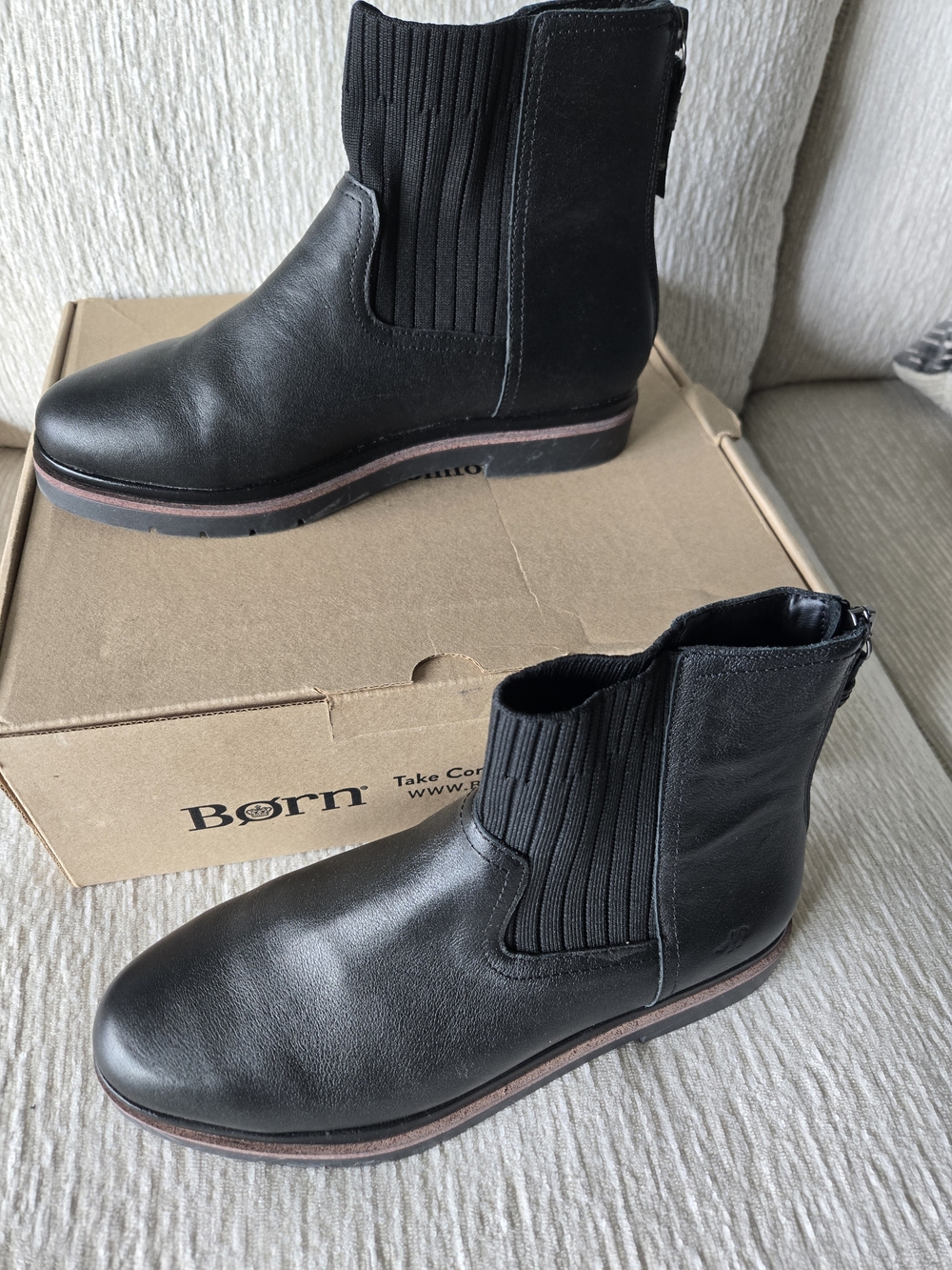 Hush Puppies Black Leather Ankle Boots with Brown Trim